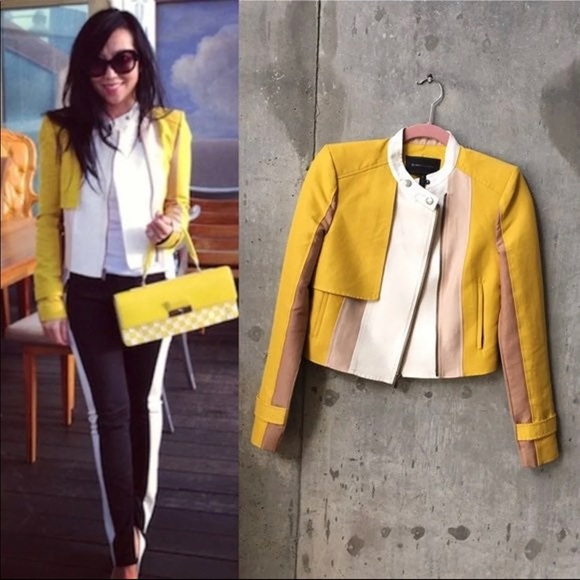 bcbg yellow leather jacket